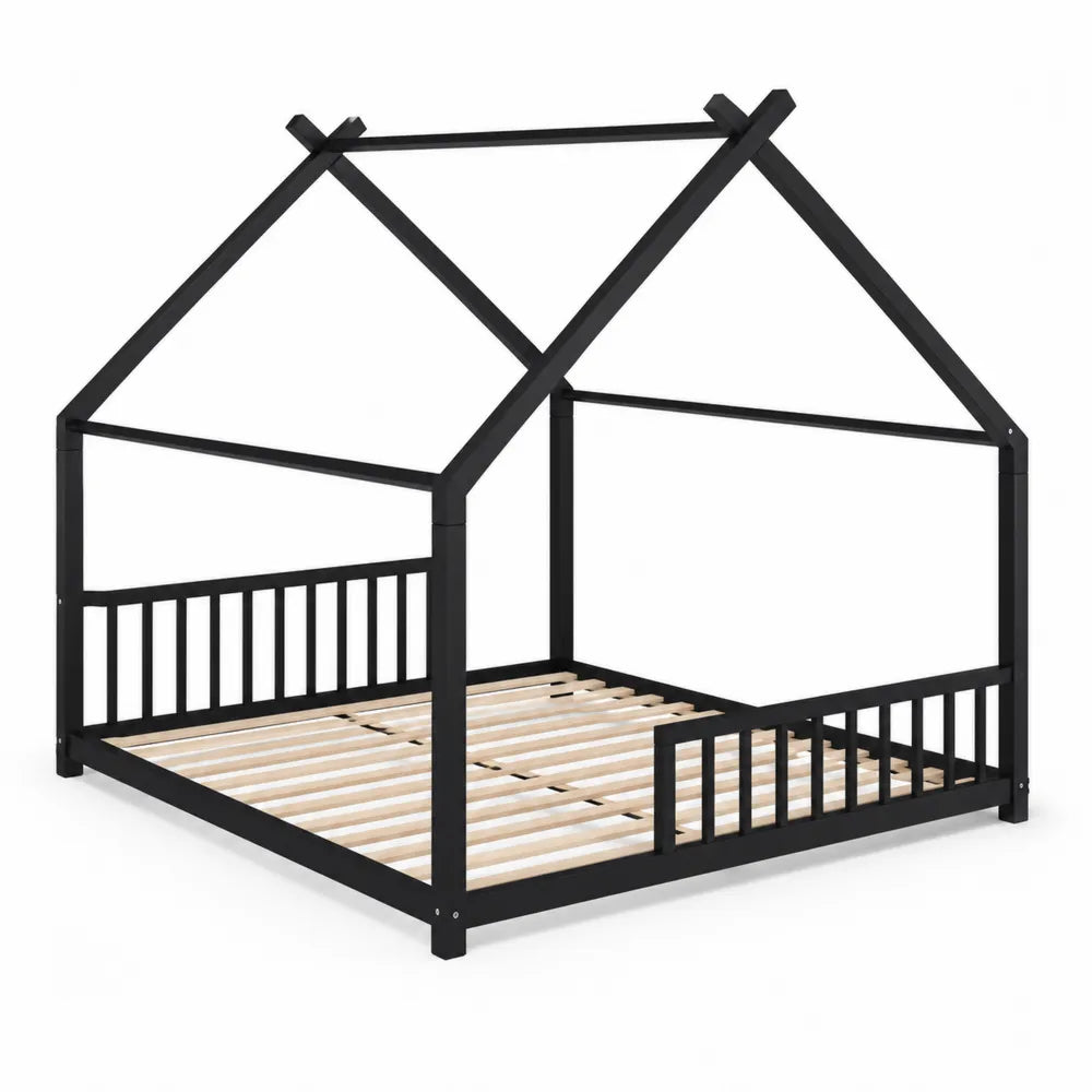 Lit cabane en métal noir et bois 200x90 cm