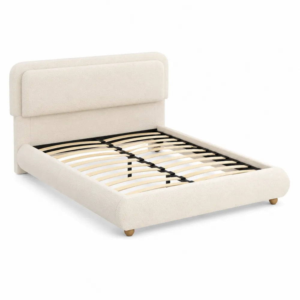 Lit double en bois et tissu beige 140x200 cm