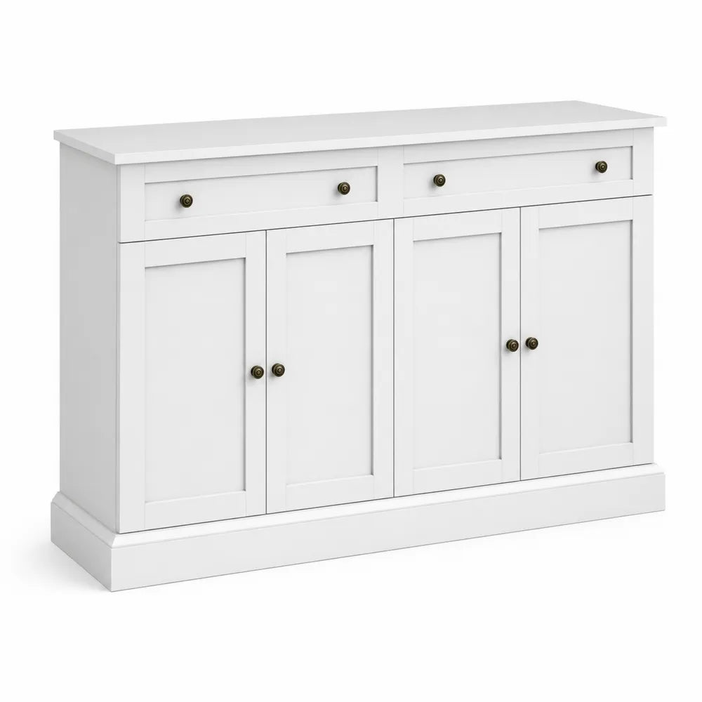 Buffet en bois blanc avec 4 portes et 2 tiroirs