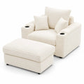Fauteuil et Repose-pieds en Velours Côtelé Crème