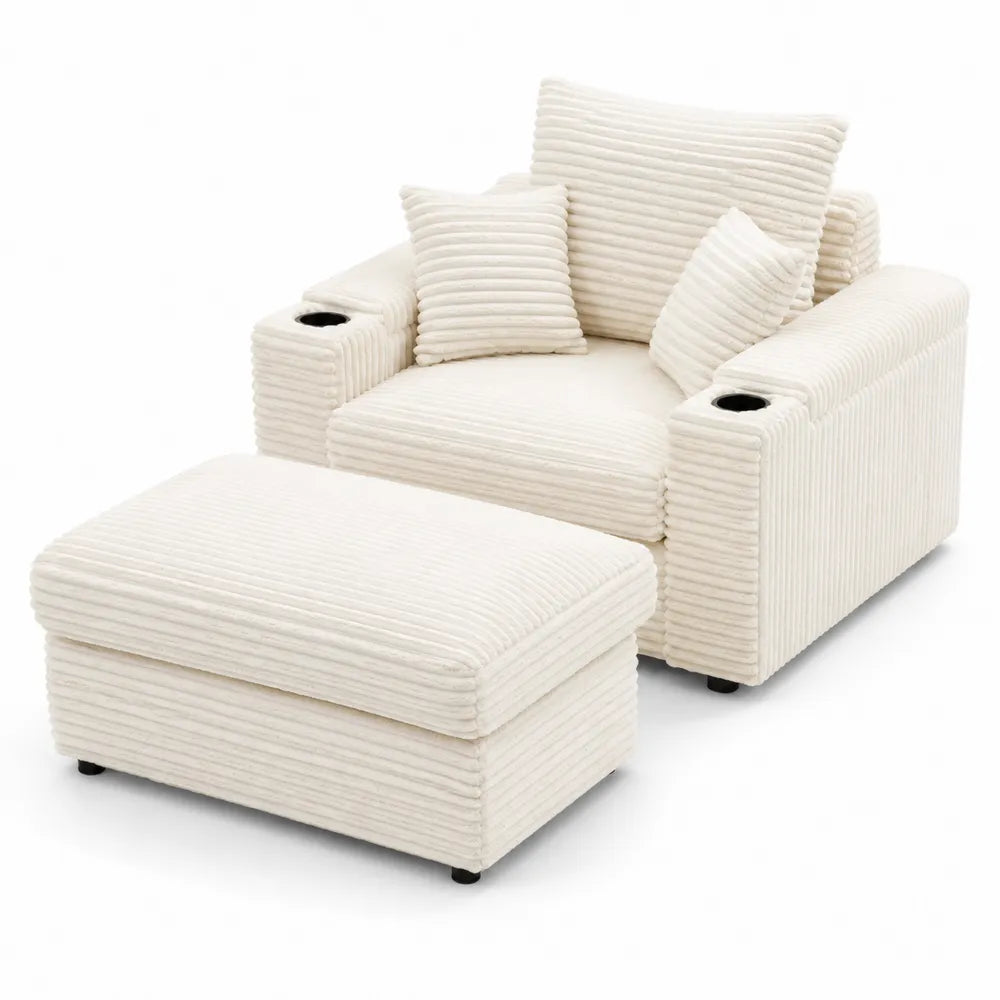 Fauteuil et Repose-pieds en Velours Côtelé Crème