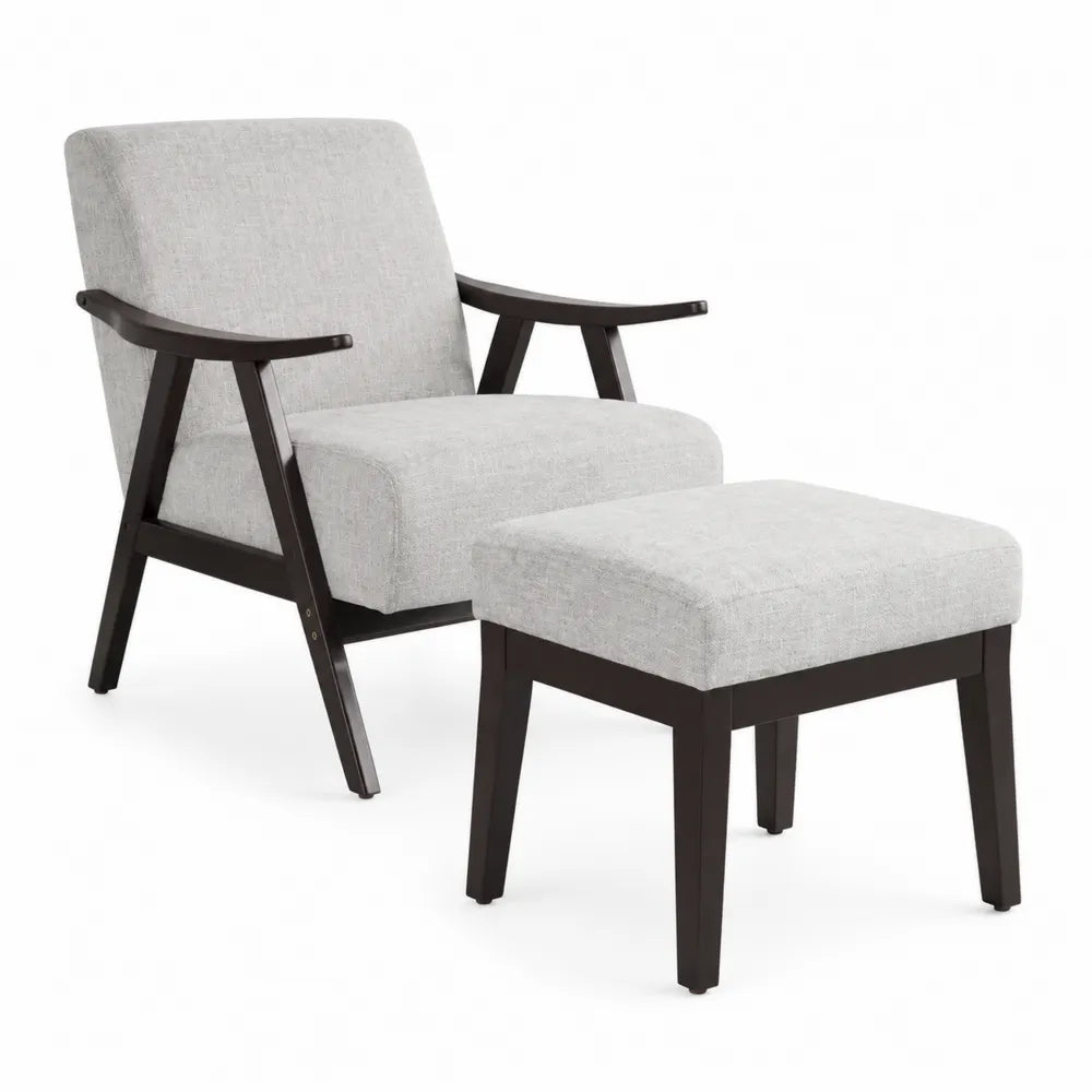Fauteuil et Repose-pieds en Bois avec Tissu en Polyester Gris