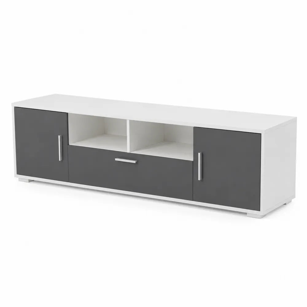 Meuble TV en bois blanc/gris avec 2 portes et 1 tiroir