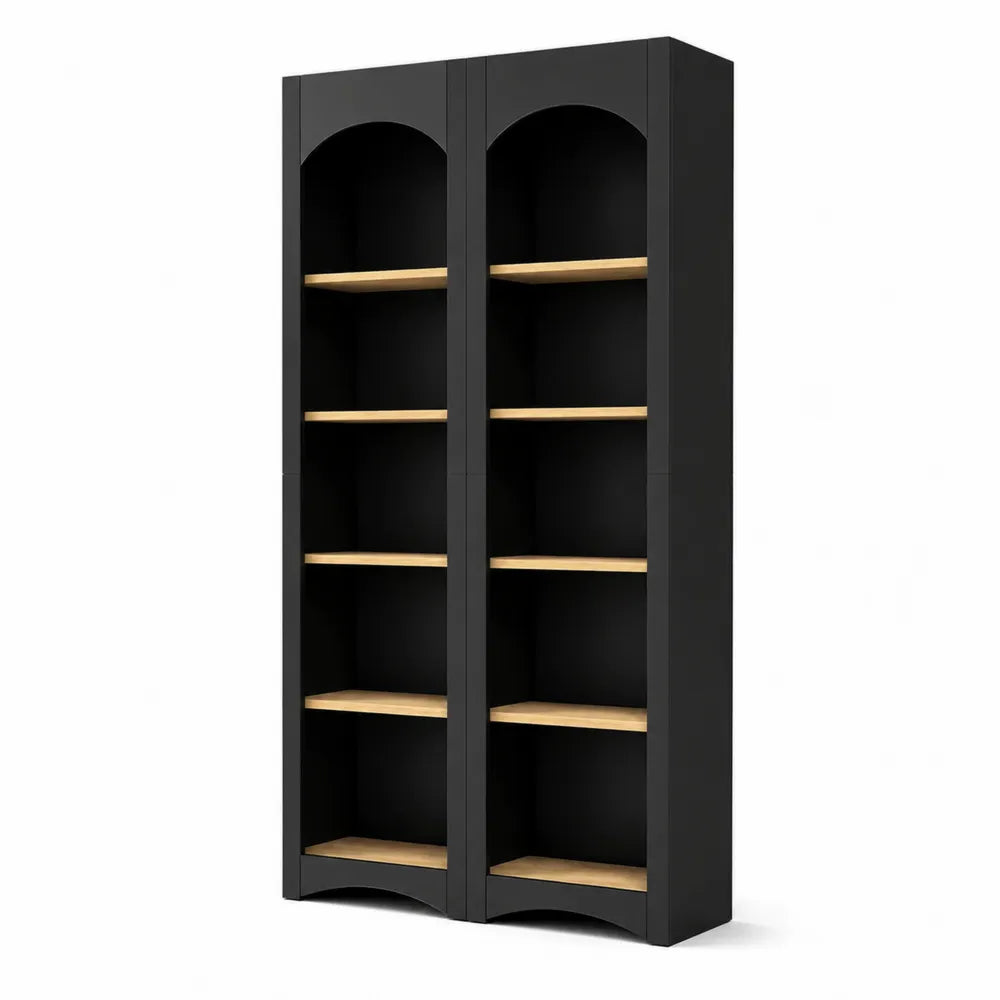 Bibliothèque noire en bois MDF avec étagères en chêne