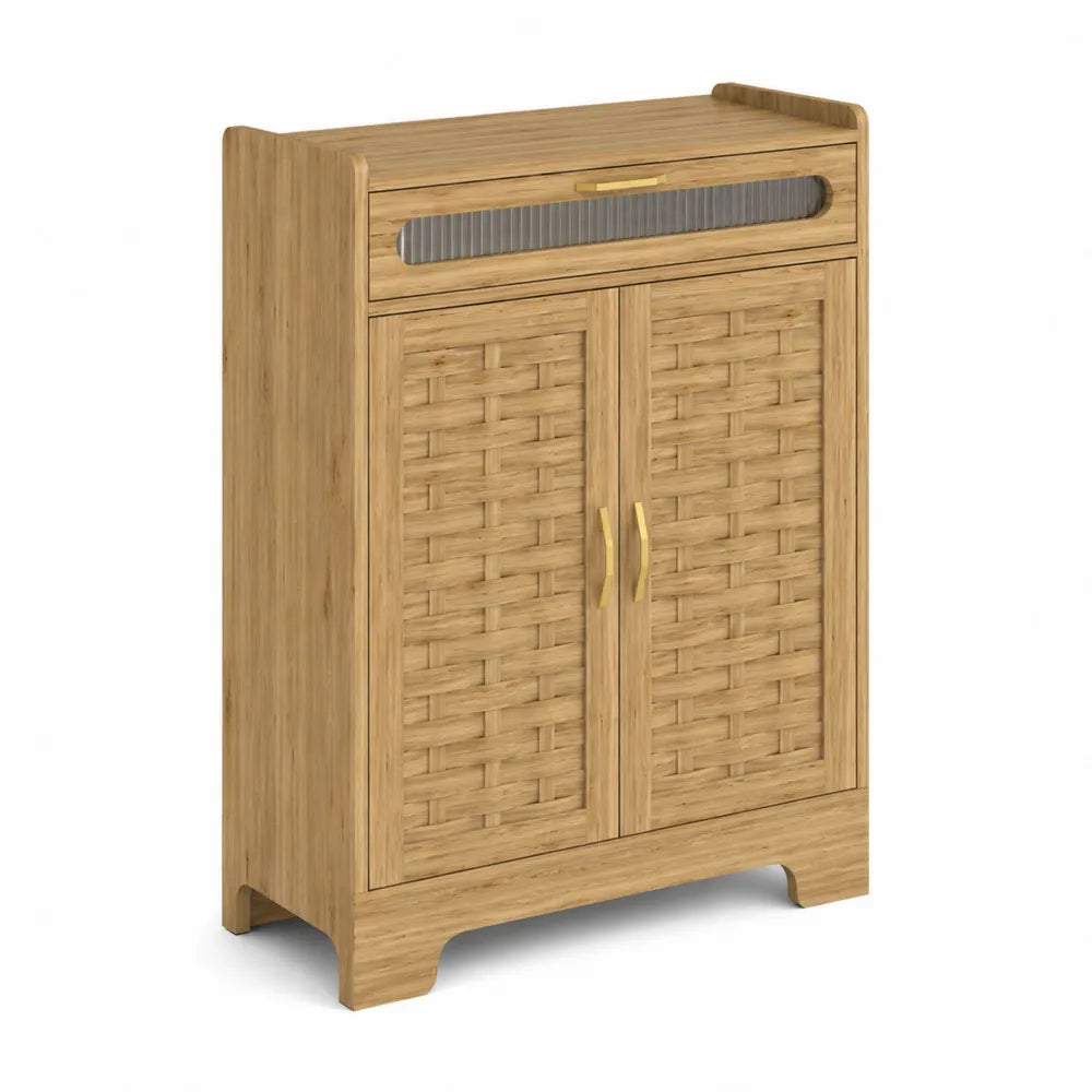 Buffet en bois avec portes tissées et verre cannelé