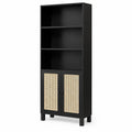 Bibliothèque en bois noir avec portes en rotin