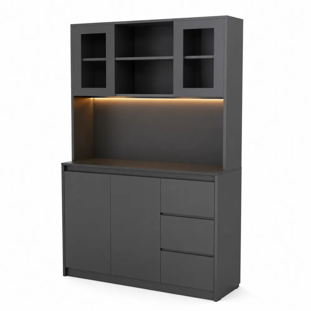 Buffet de cuisine en bois gris avec éclairage et étagères