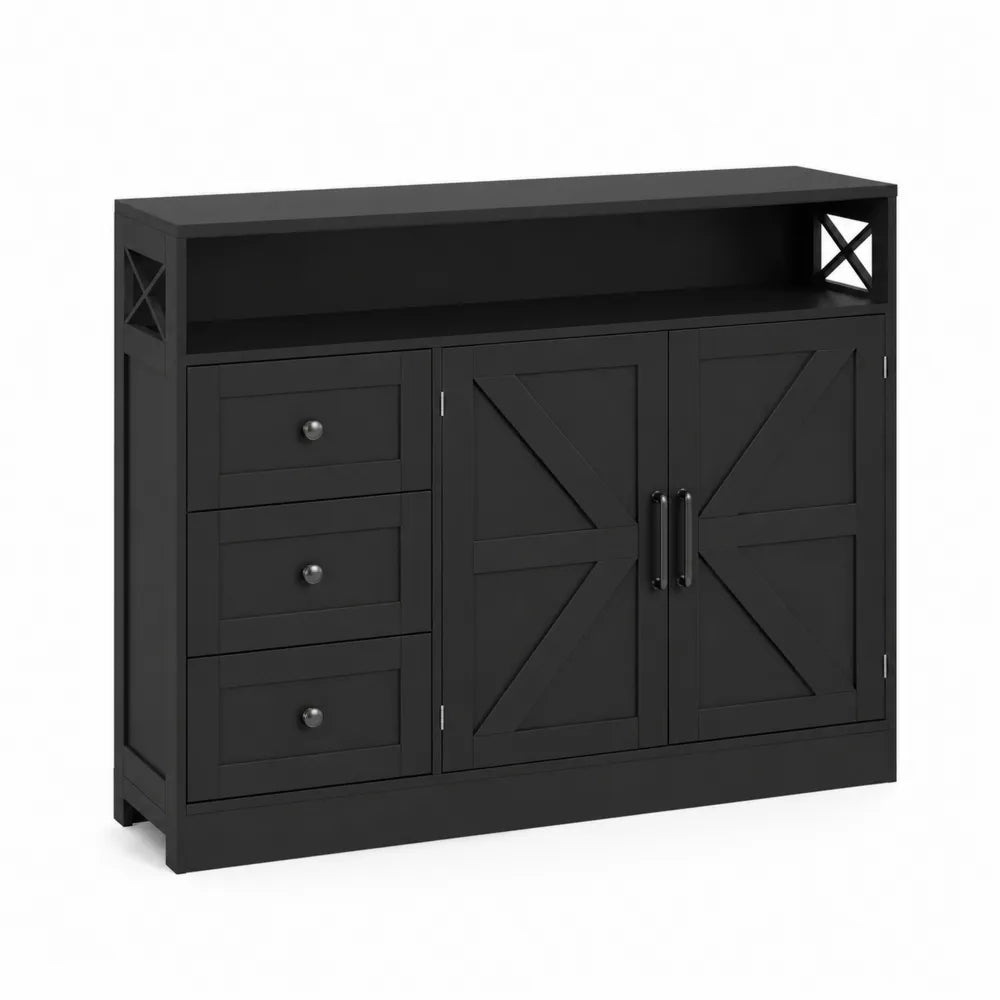 Buffet en Bois Noir avec Tiroirs et Portes