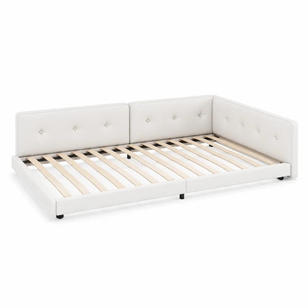 Lit d'angle en cuir synthétique blanc avec sommier à lattes